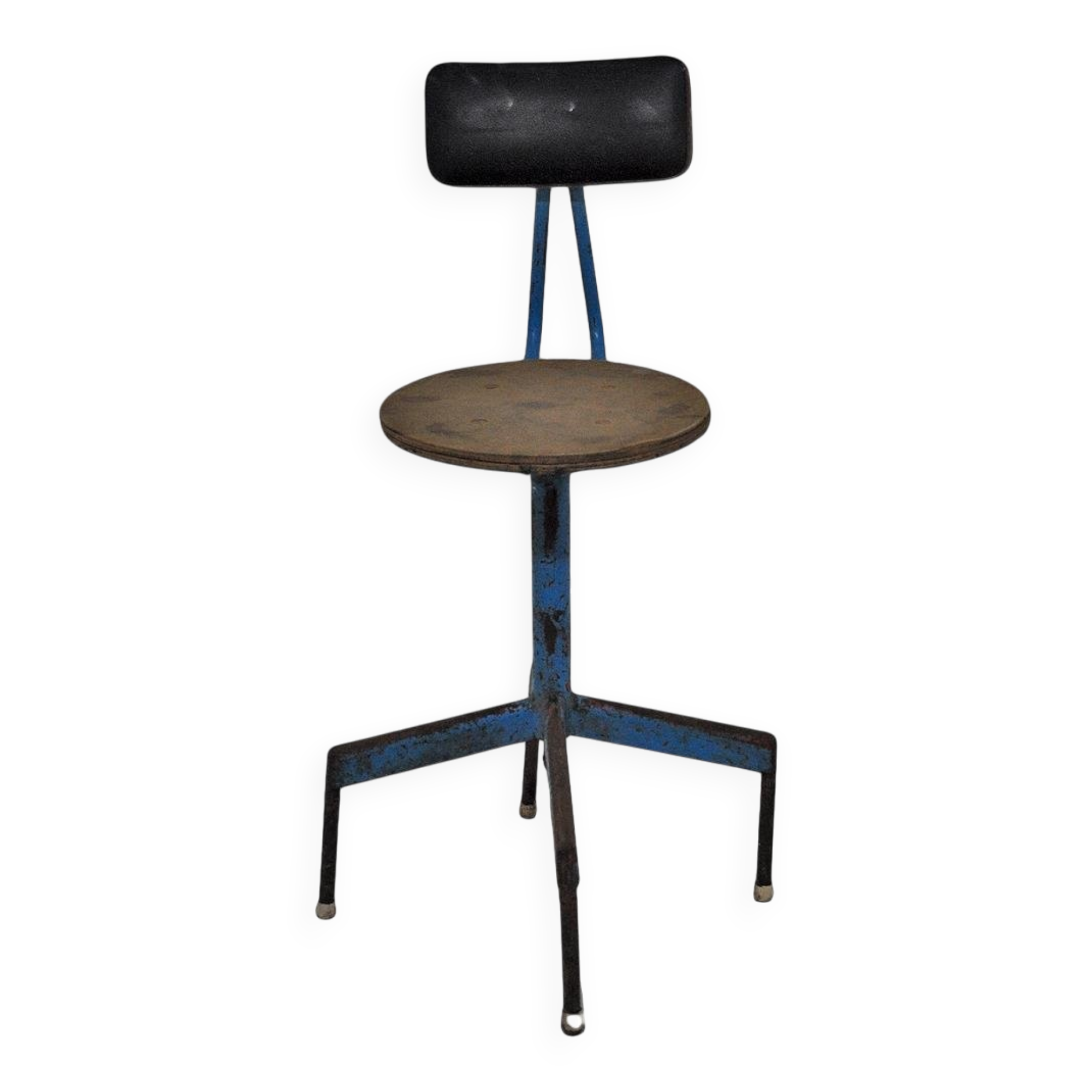 Mid-century industrial chair in metal, leather, and multicoloured wood from the 1960s.