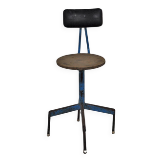 Mid-century industrial chair in metal, leather, and multicoloured wood from the 1960s.