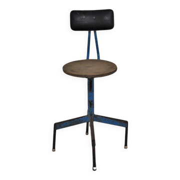 Mid-century industrial chair in metal, leather, and multicoloured wood from the 1960s.