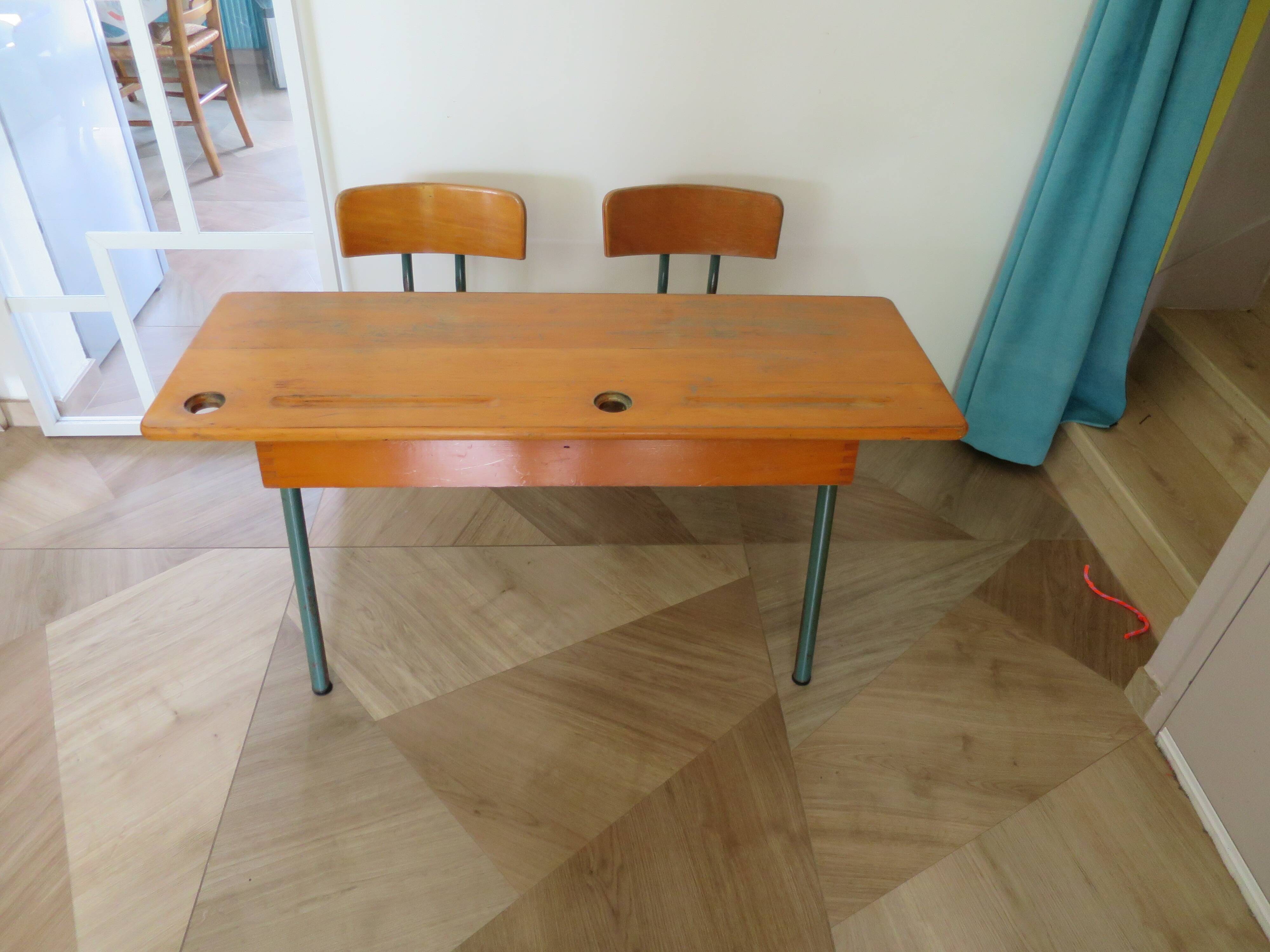 Bureau d’écolier vintage en bois et métal - Bureau double