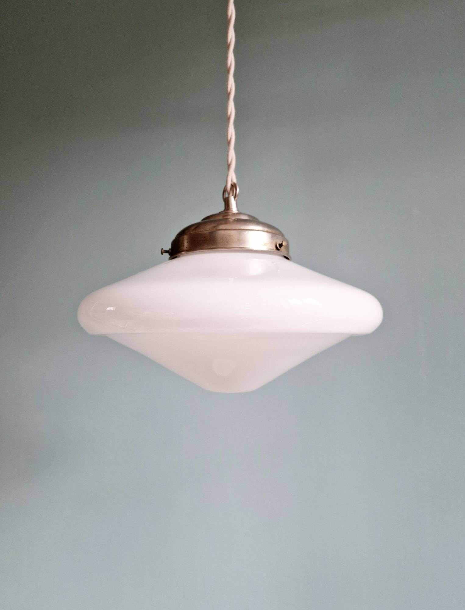 Art Deco pendant light in white opaline glass, conical, 1920s-30s