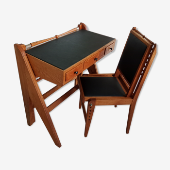 Bureau chaise vintage évolutif meuble tiroirs bois brut industriel scandinave année 60 70 noir