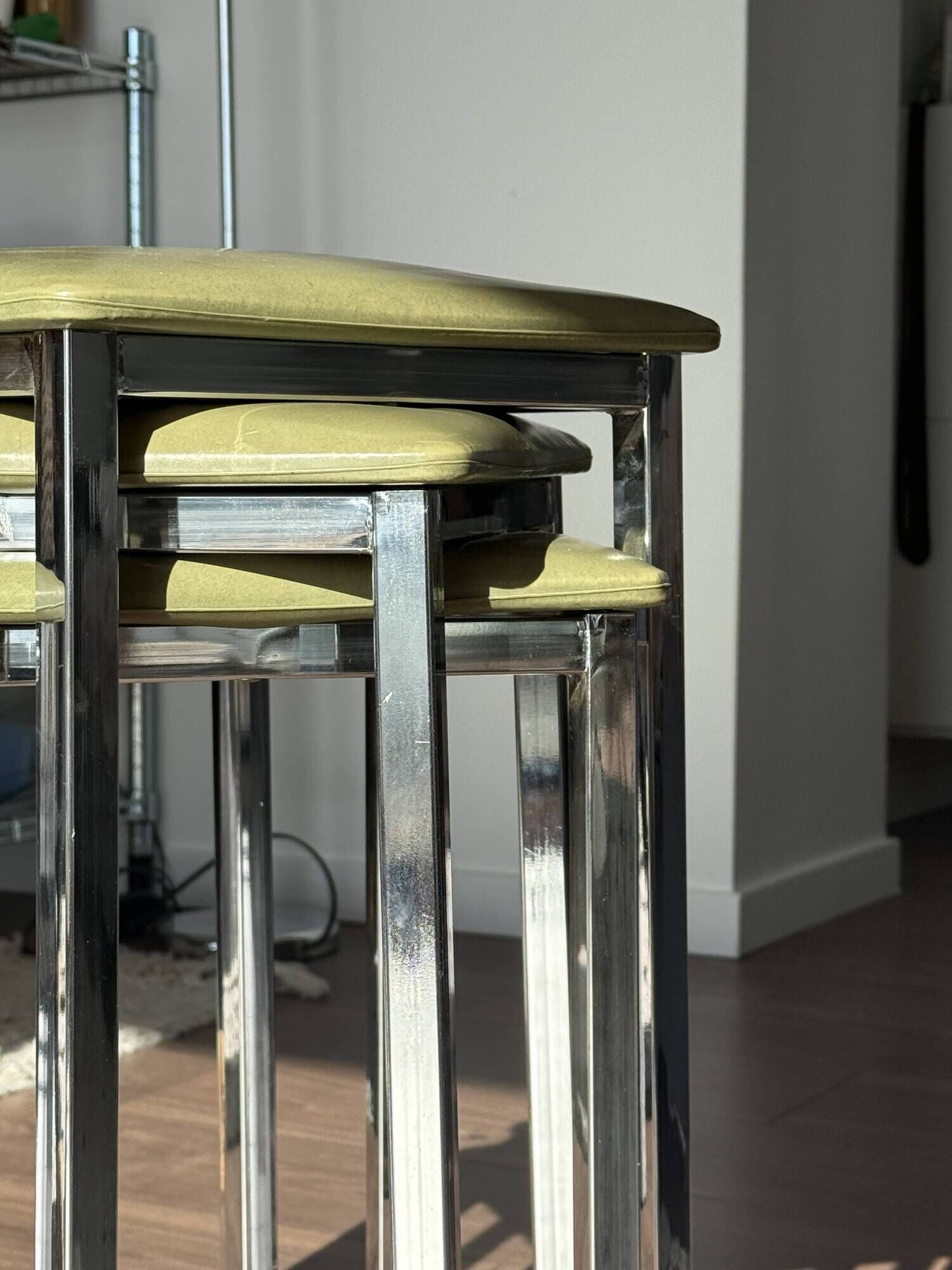 Set of 3 Vintage Stools - Chrome and Olive Green Seat