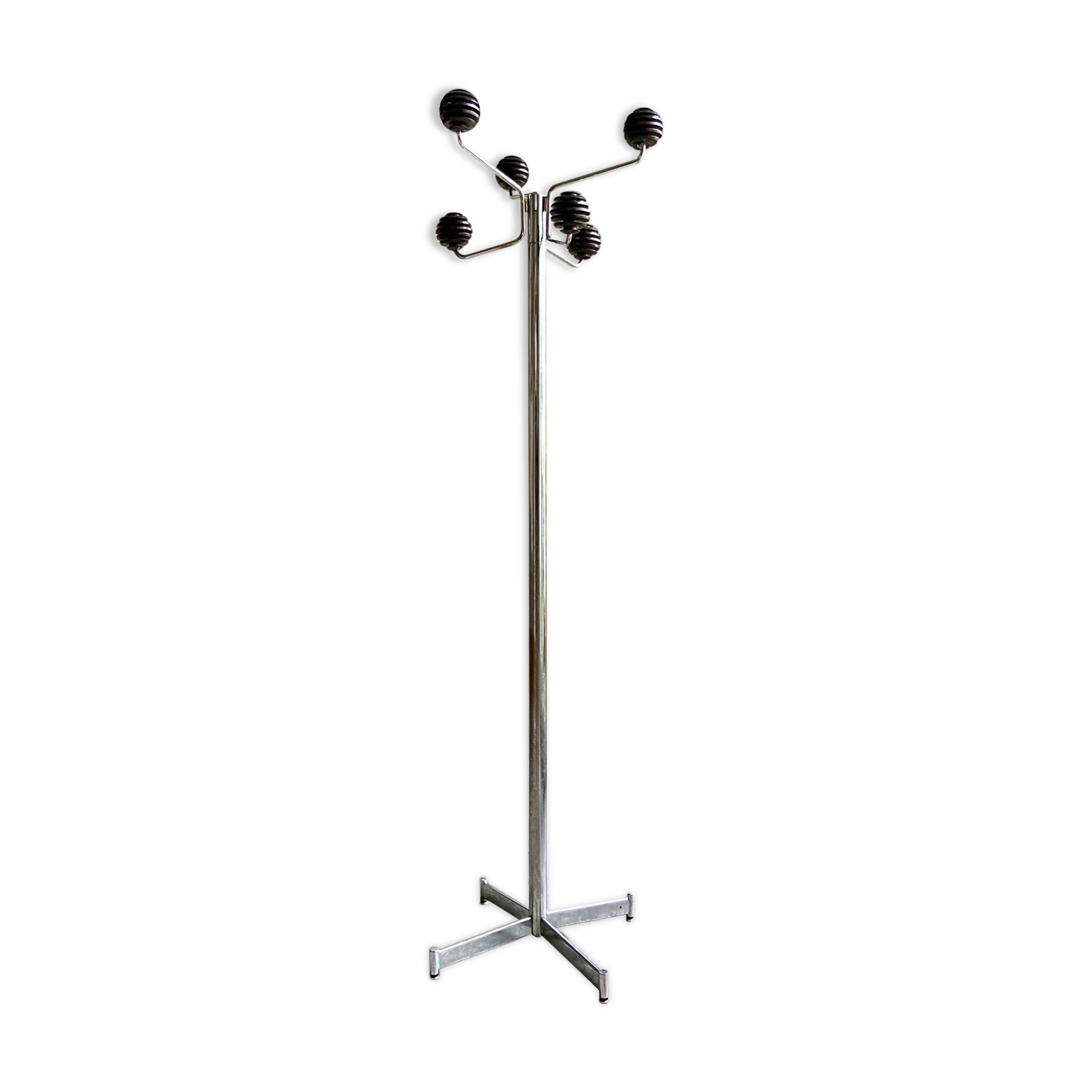 Space Age coat rack with 8 hooks in chrome-plated metal and brown bakelite