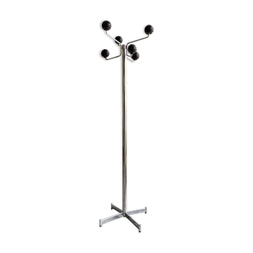 Porte-manteaux Space Age 8 patères en métal chromé et bakélite marron