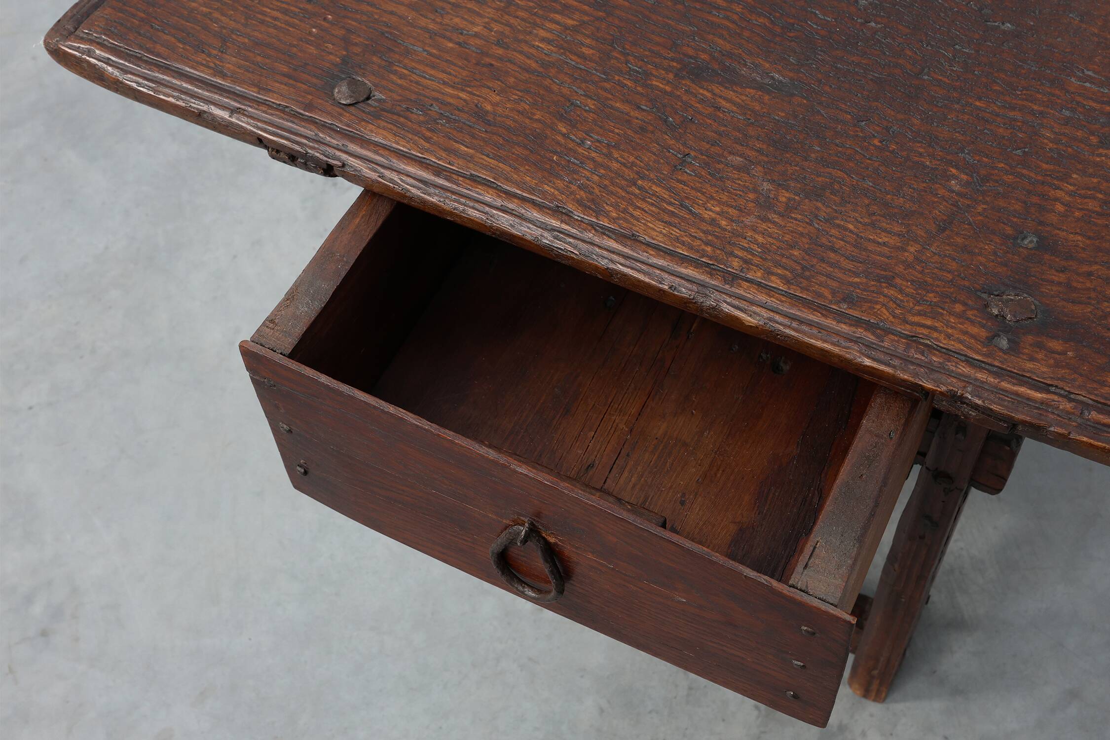 17th Century Spanish Oak Side Table with Drawer in Wabi Sabi Style