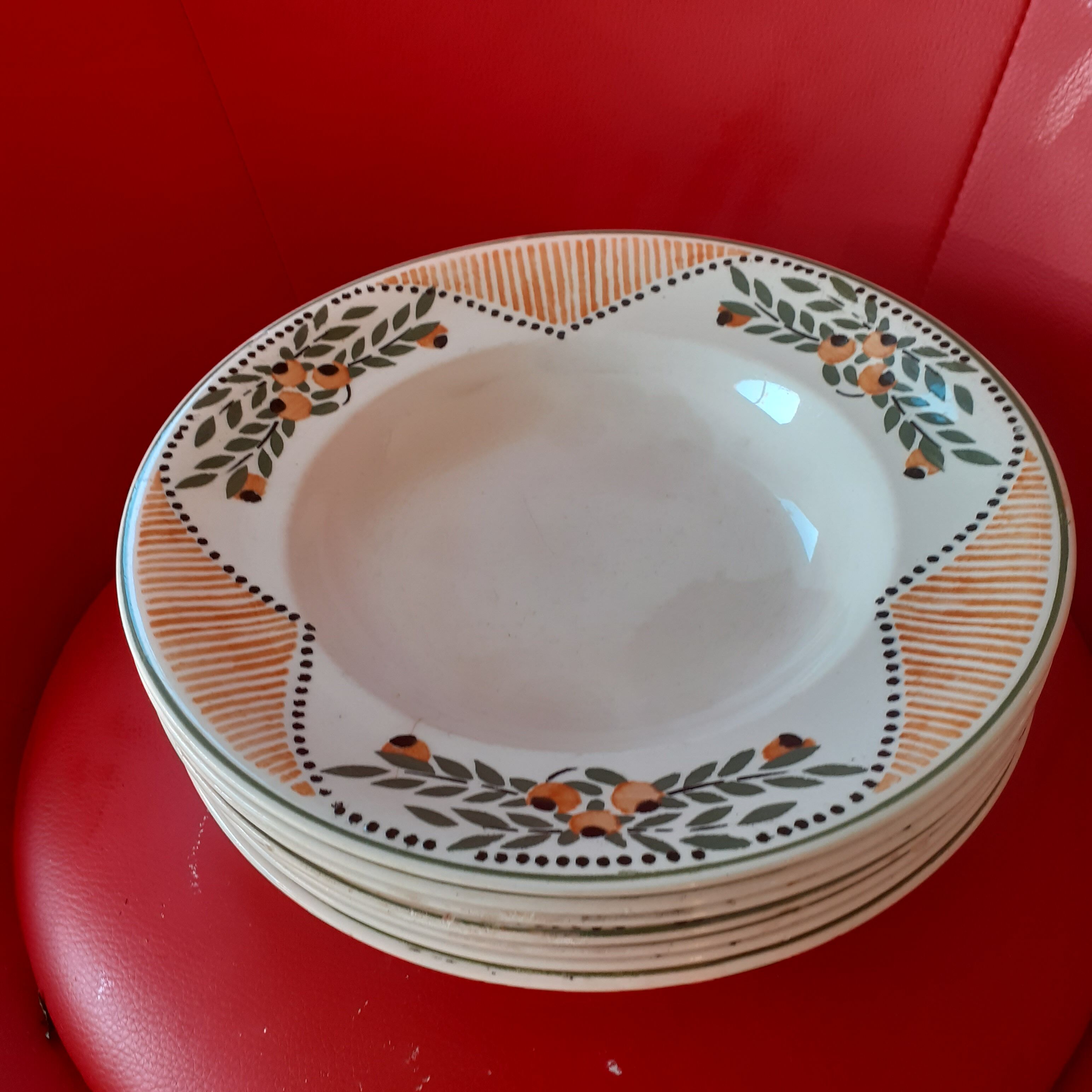 5 Longwy plates. Hand-painted enameled. Model Antibes.