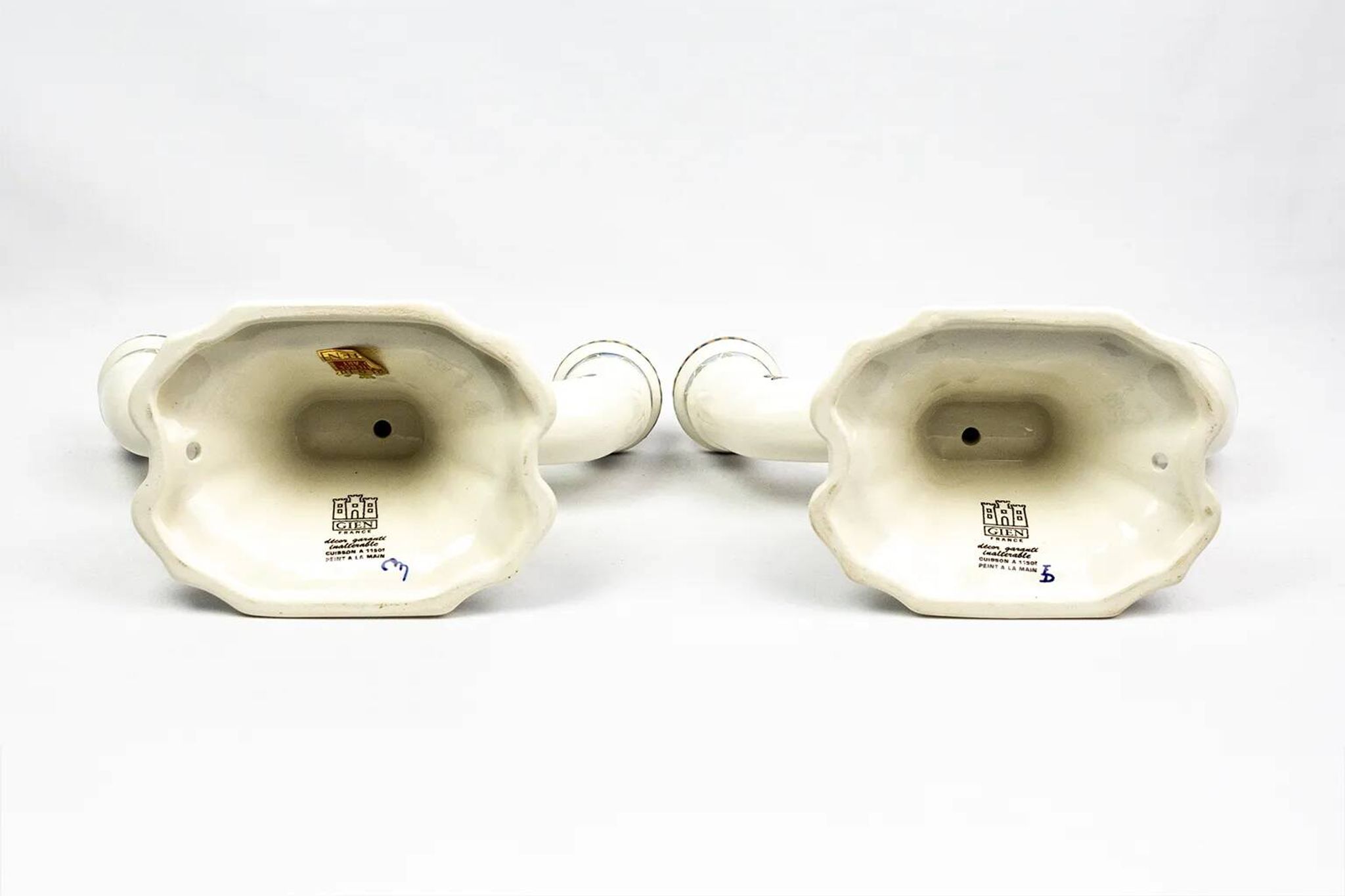 Pair of Renaissance candlesticks in earthenware – Gien pottery, 1970s
