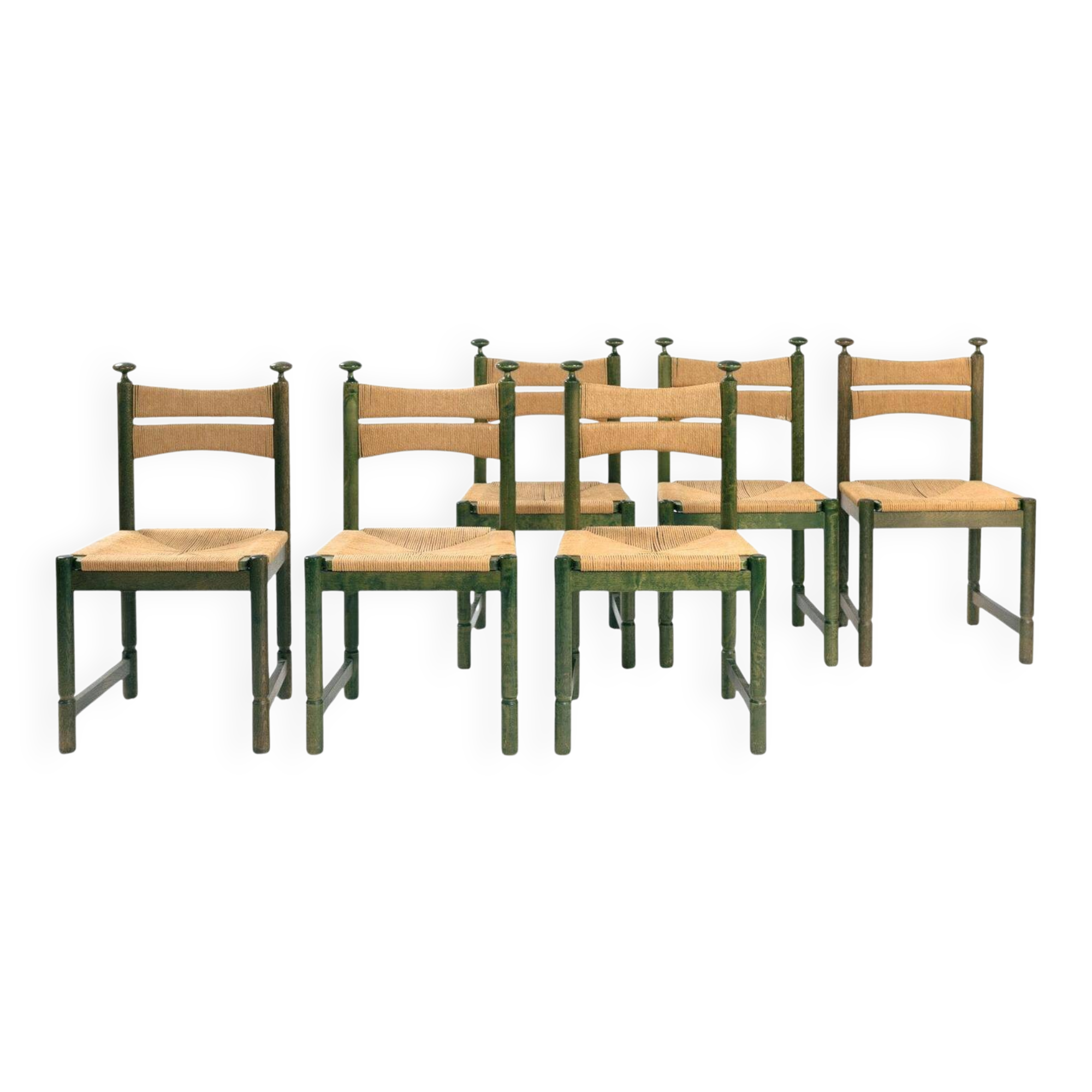 Odessa dining chairs set of 6, stained birchwood, Danish cord, 1970s