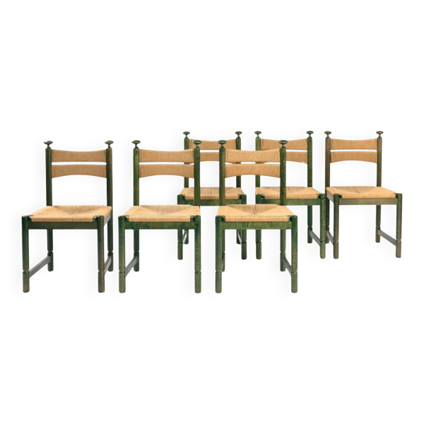 Ensemble de 6 chaises de salle à manger Odessa, en bouleau teinté, cordage danois, années 1970.