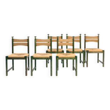Ensemble de 6 chaises de salle à manger Odessa, en bouleau teinté, cordage danois, années 1970.