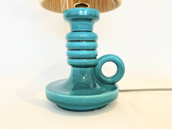 Pied de lampe bougeoir en céramique verte Art Déco et abat-jour raphia