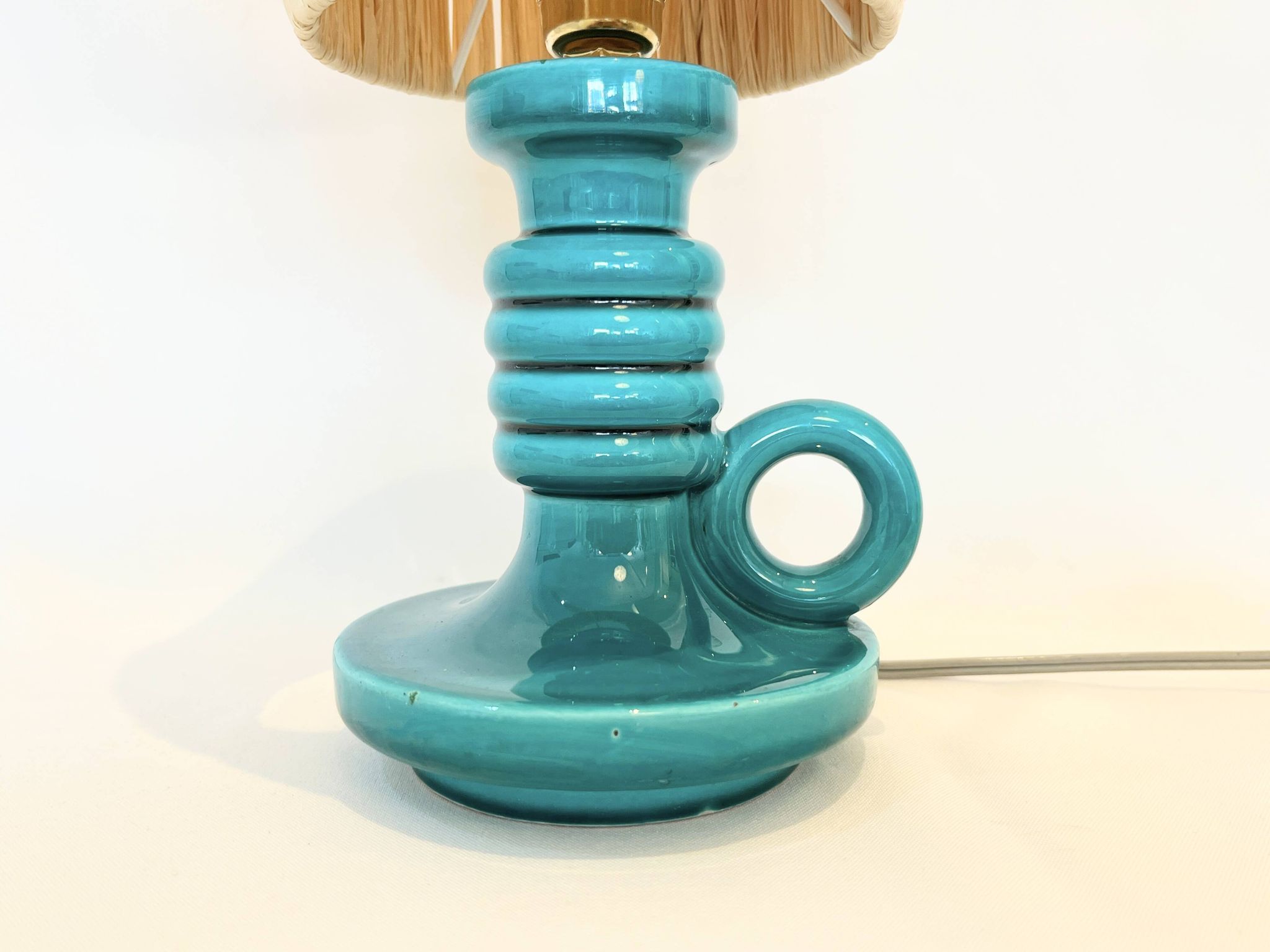 Art Deco green ceramic candle holder lamp base with raffia shade