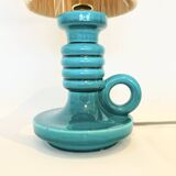 Art Deco green ceramic candle holder lamp base with raffia shade