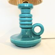 Art Deco green ceramic candle holder lamp base with raffia shade