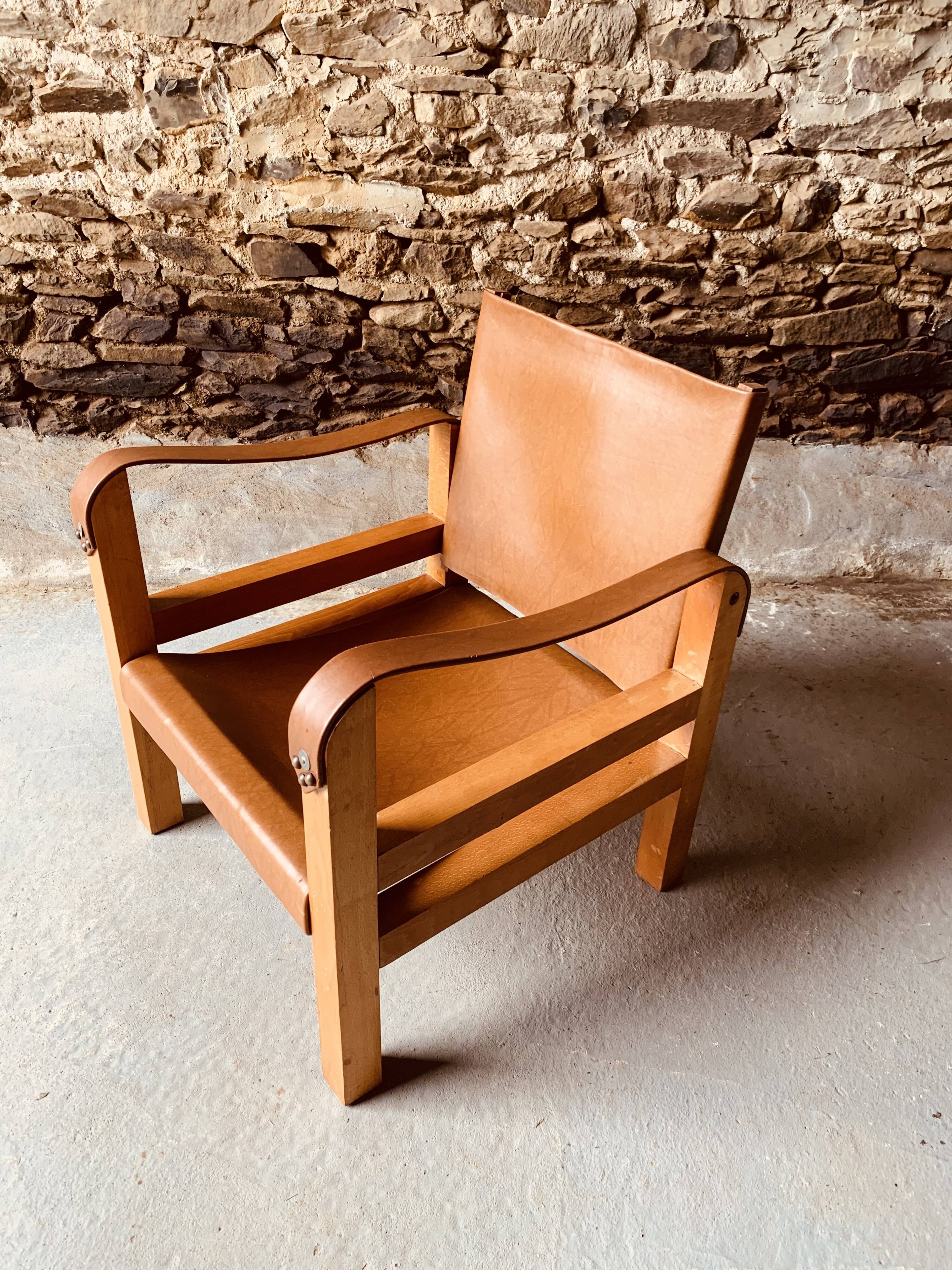 Safari armchair in wood and leather -1950's