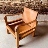 Safari armchair in wood and leather -1950's