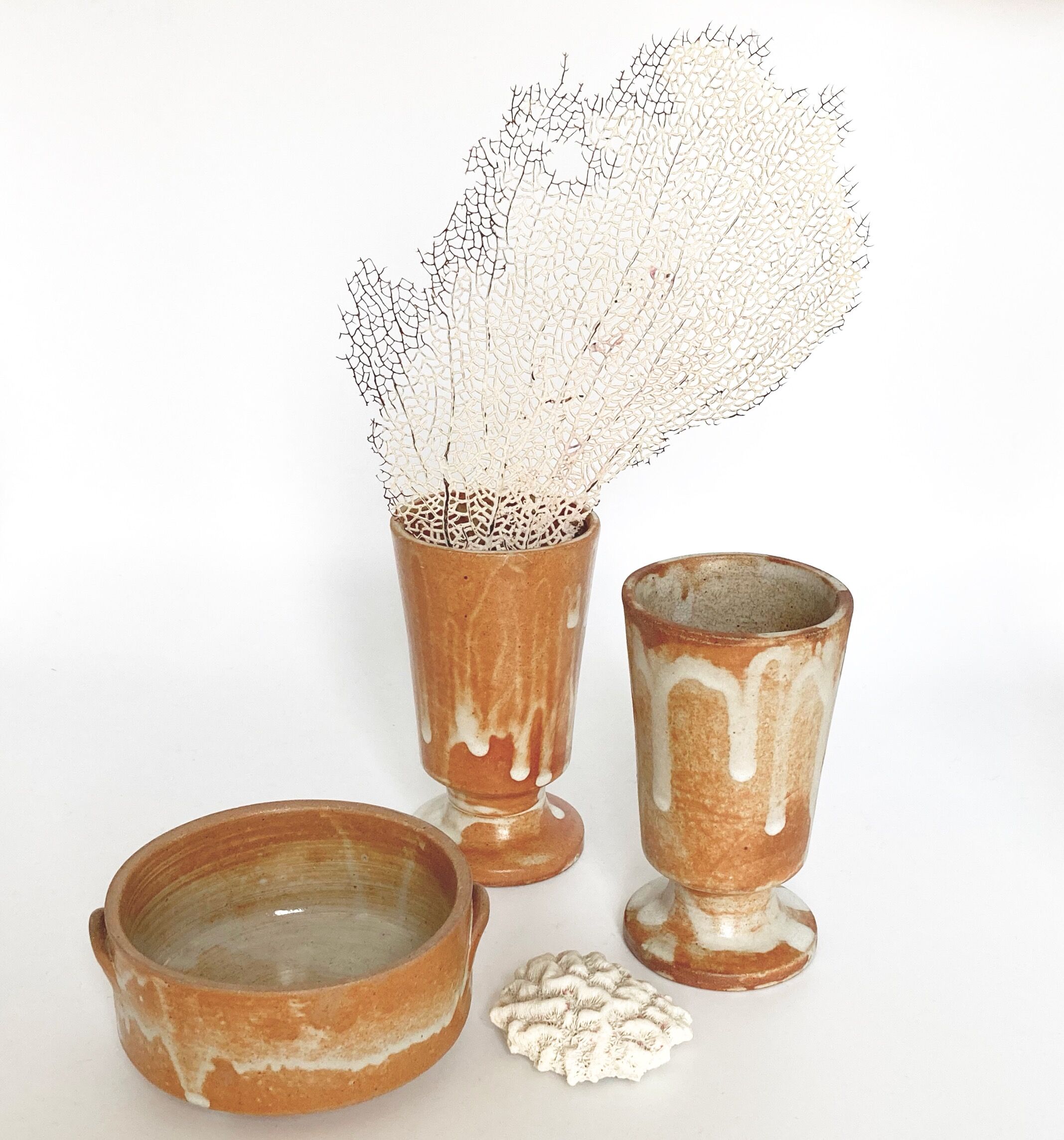 Two vintage stoneware cups and sugar bowl