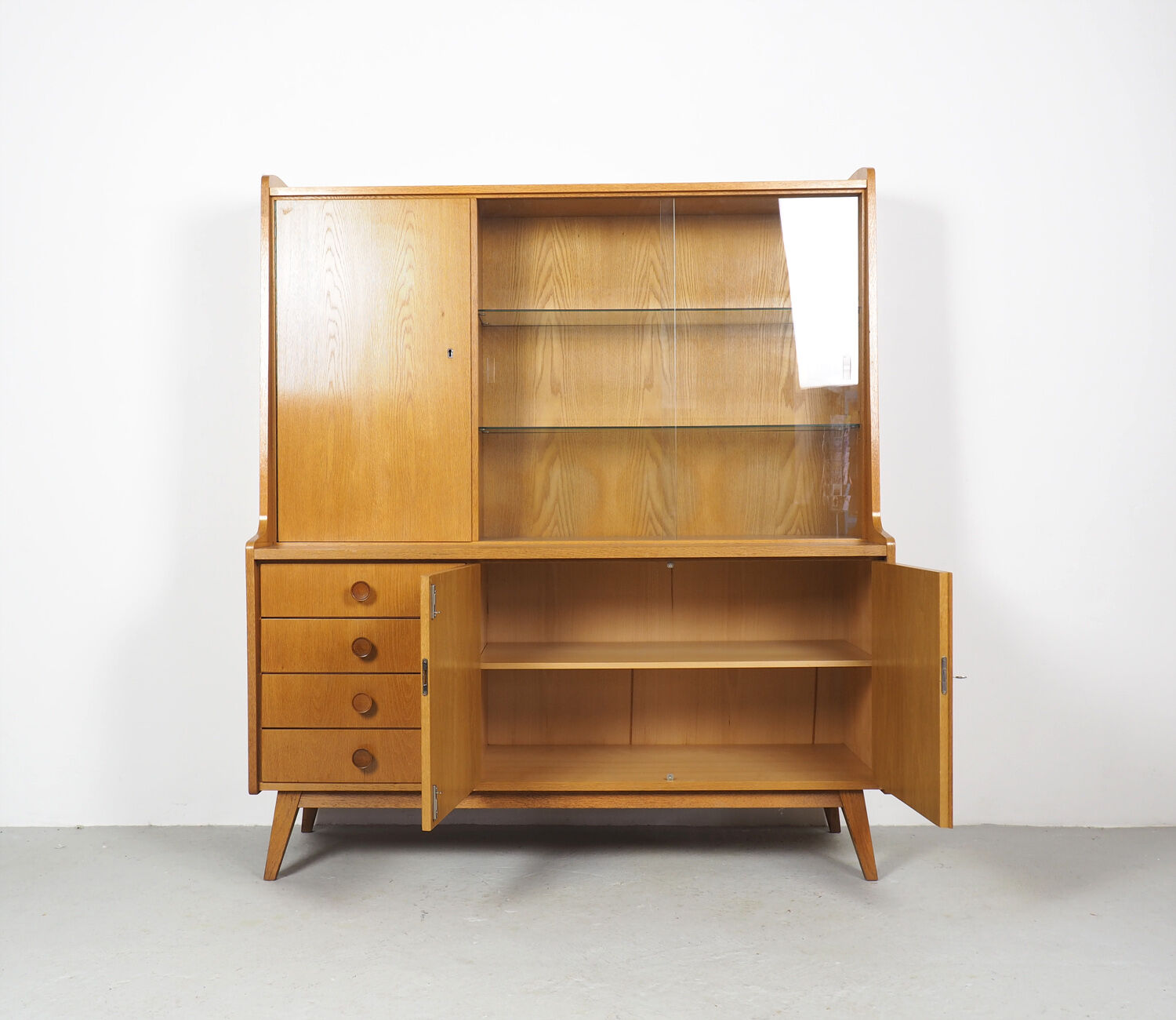 Vintage German Oak Buffet With Showcase, 1960's