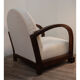 Pair of modernist armchairs in wood and buckle fabric, 1940