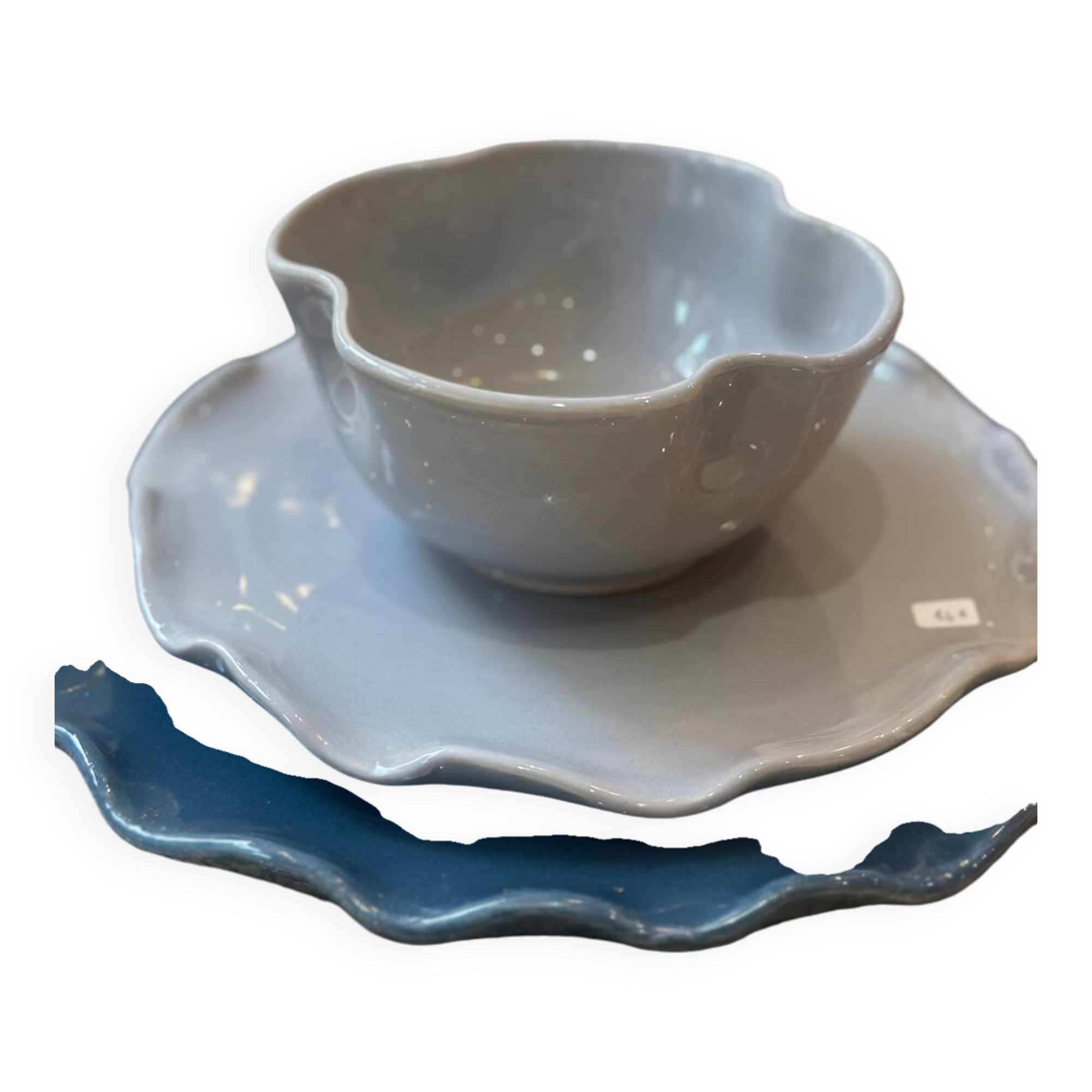 Handmade enameled ceramic bowl clover flower pop gray blue