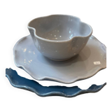 Handmade enameled ceramic bowl clover flower pop gray blue