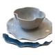 Handmade enameled ceramic bowl clover flower pop gray blue