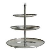 Vintage three-tiered serving stand in patinated silver metal.