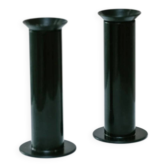 Set of 2 glossy black metal candleholders in retro Ikea Memphis style