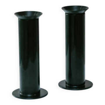 Set of 2 glossy black metal candleholders in retro Ikea Memphis style