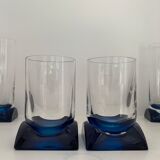 4 blue crystal glasses with rectangular base