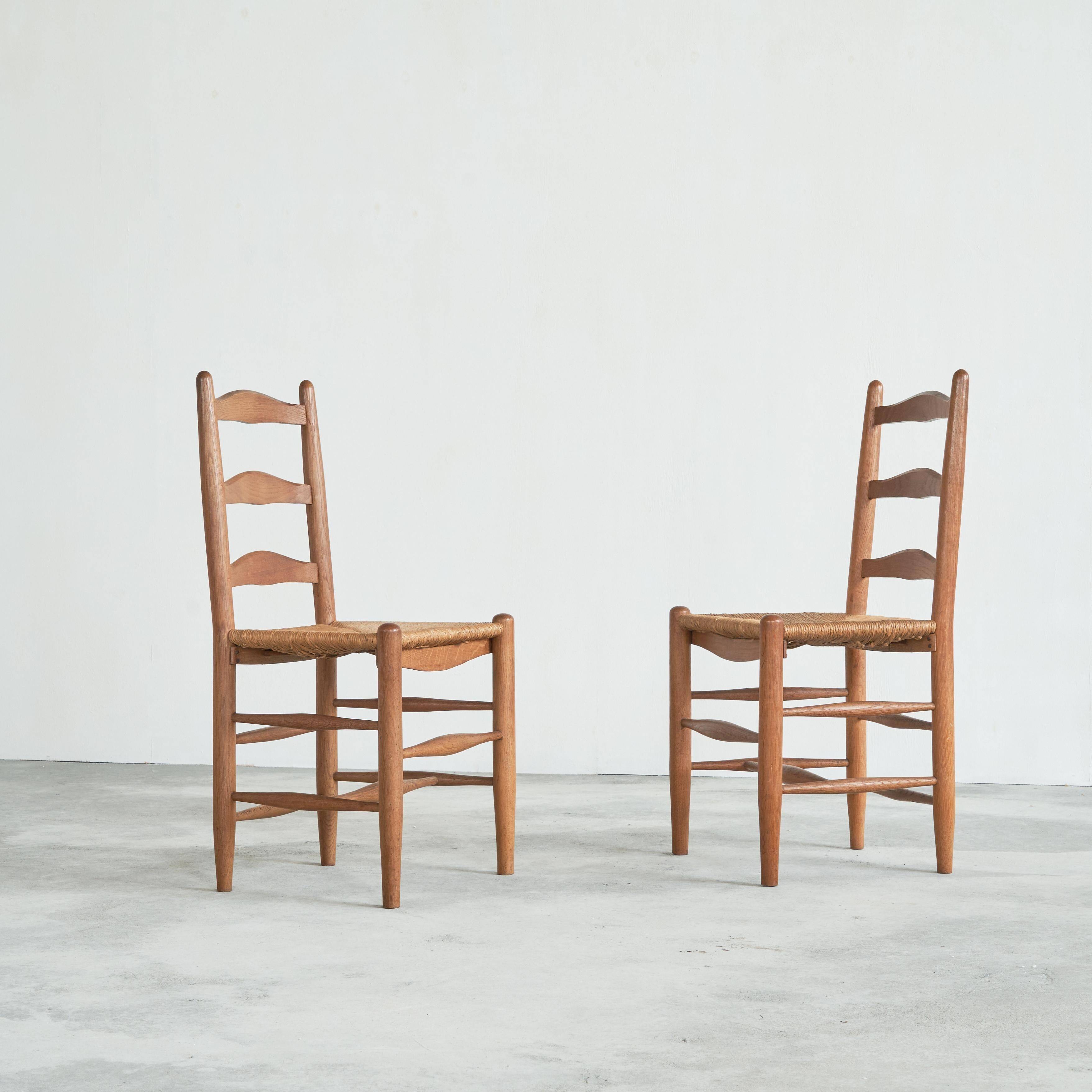 6 solid oak and woven bamboo chairs, mid-century, 1950s