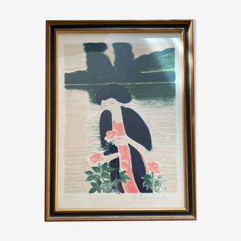 The young woman with roses by the lake, André Brasilier, numbered signed lithograph