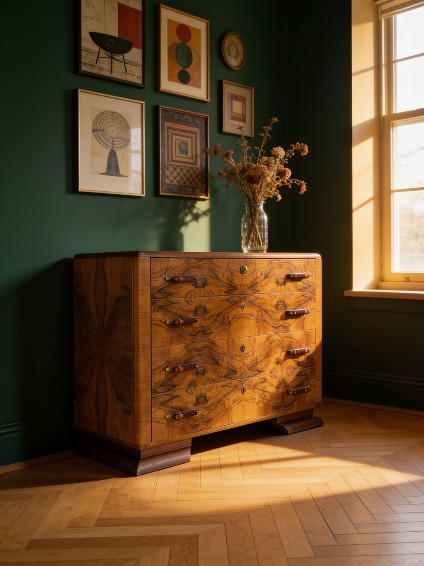 Walnut burl commode, Italian Art Deco, 1940s.