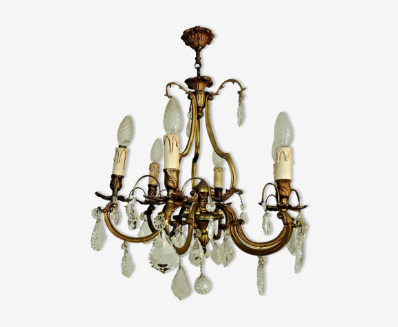Lustre français antique Louis XV en bronze avec cristaux