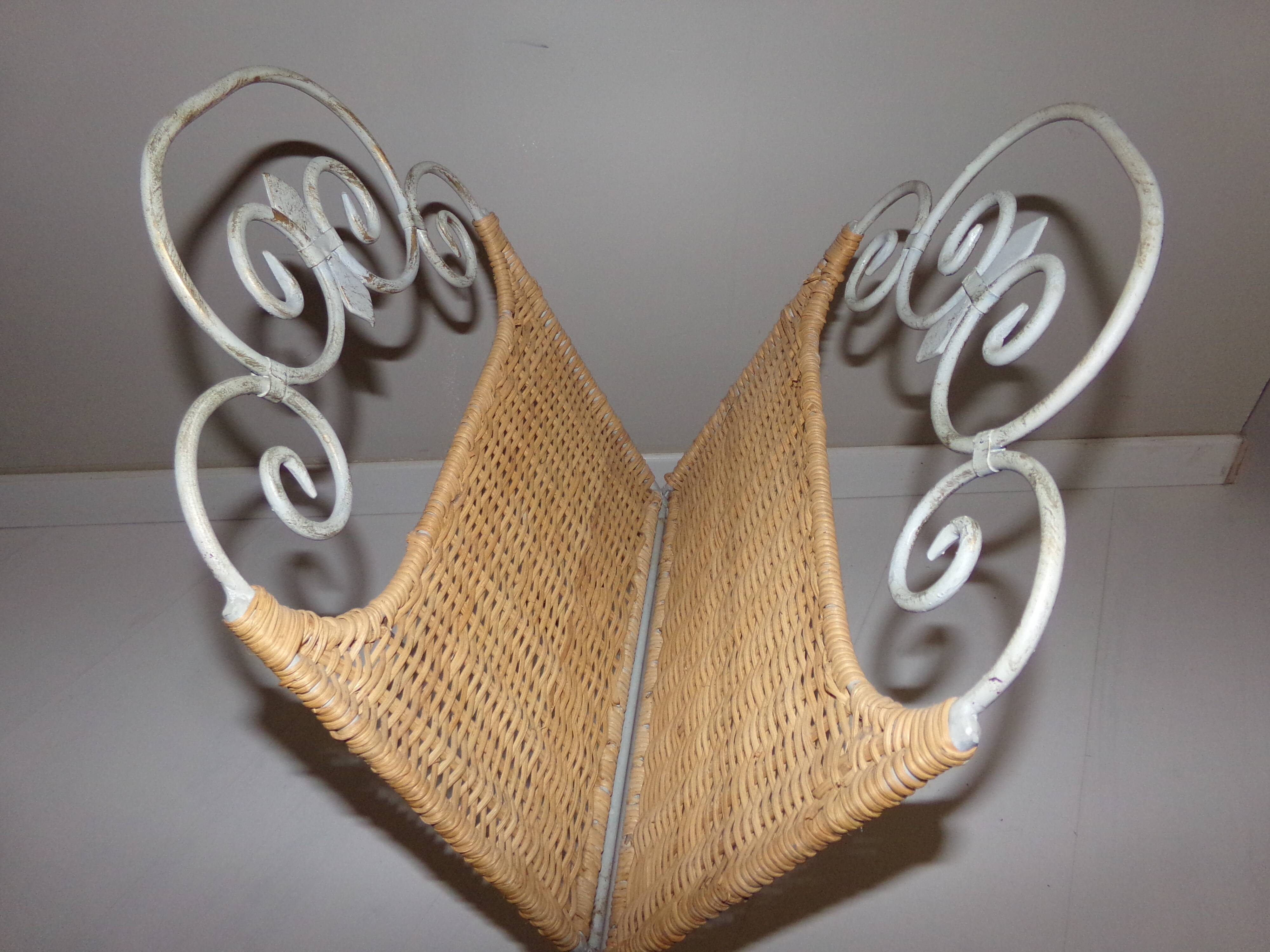 Rattan and shabby wrought iron magazine rack