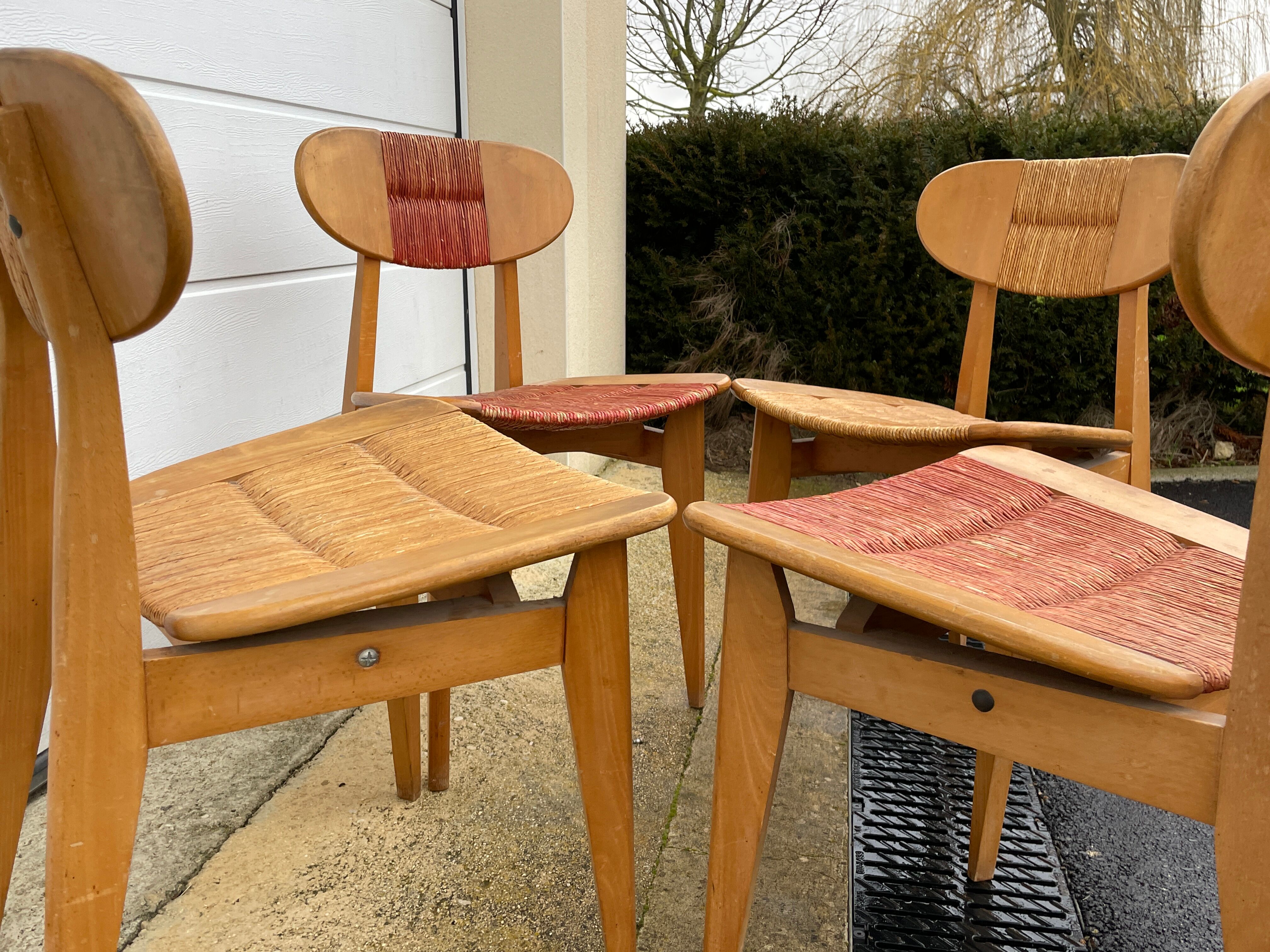Série de 4 chaises paillées 1950 Roger landault  éditeur robert sentou