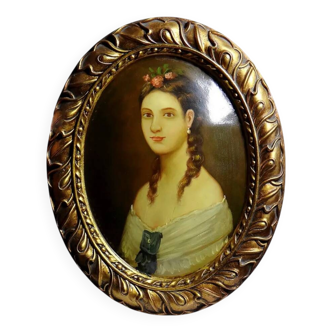 Tableau médaillon bombé, portrait à l'huile sur bois ancien de style Florentin