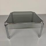 Space coffee table from the 70s, tubular metal and vintage smoked glass
