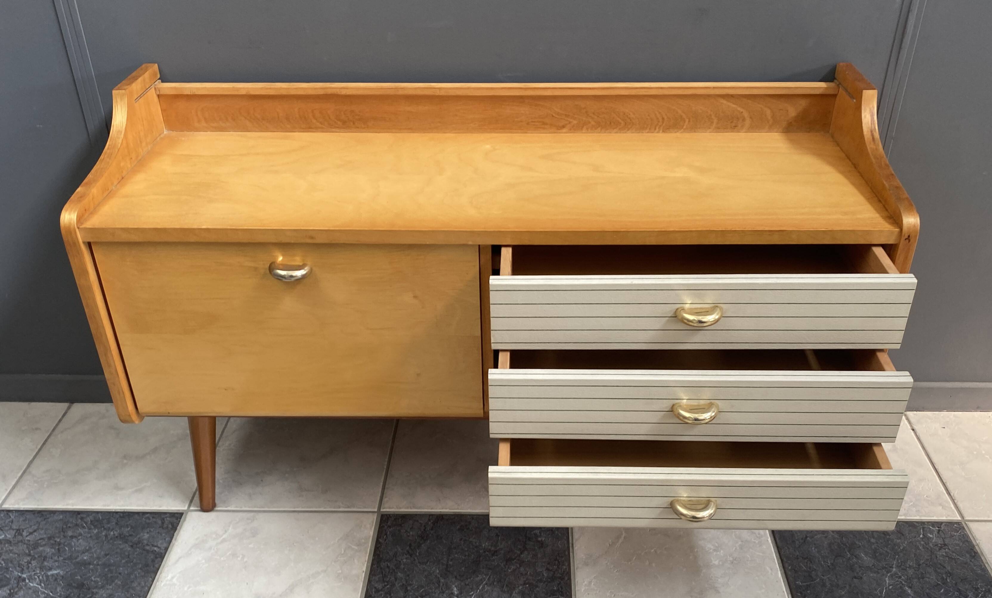 Low sideboard, white leatherette drawer fronts, 1960s