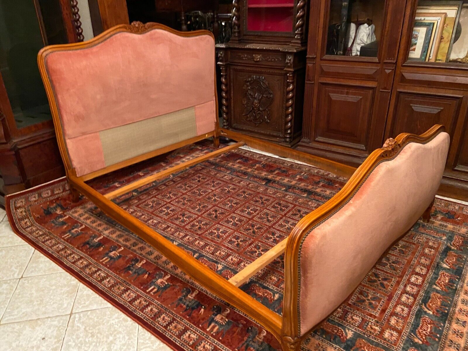 Bed in cherry wood blond carved velvet pink style Louis XV for sleeping 190x140