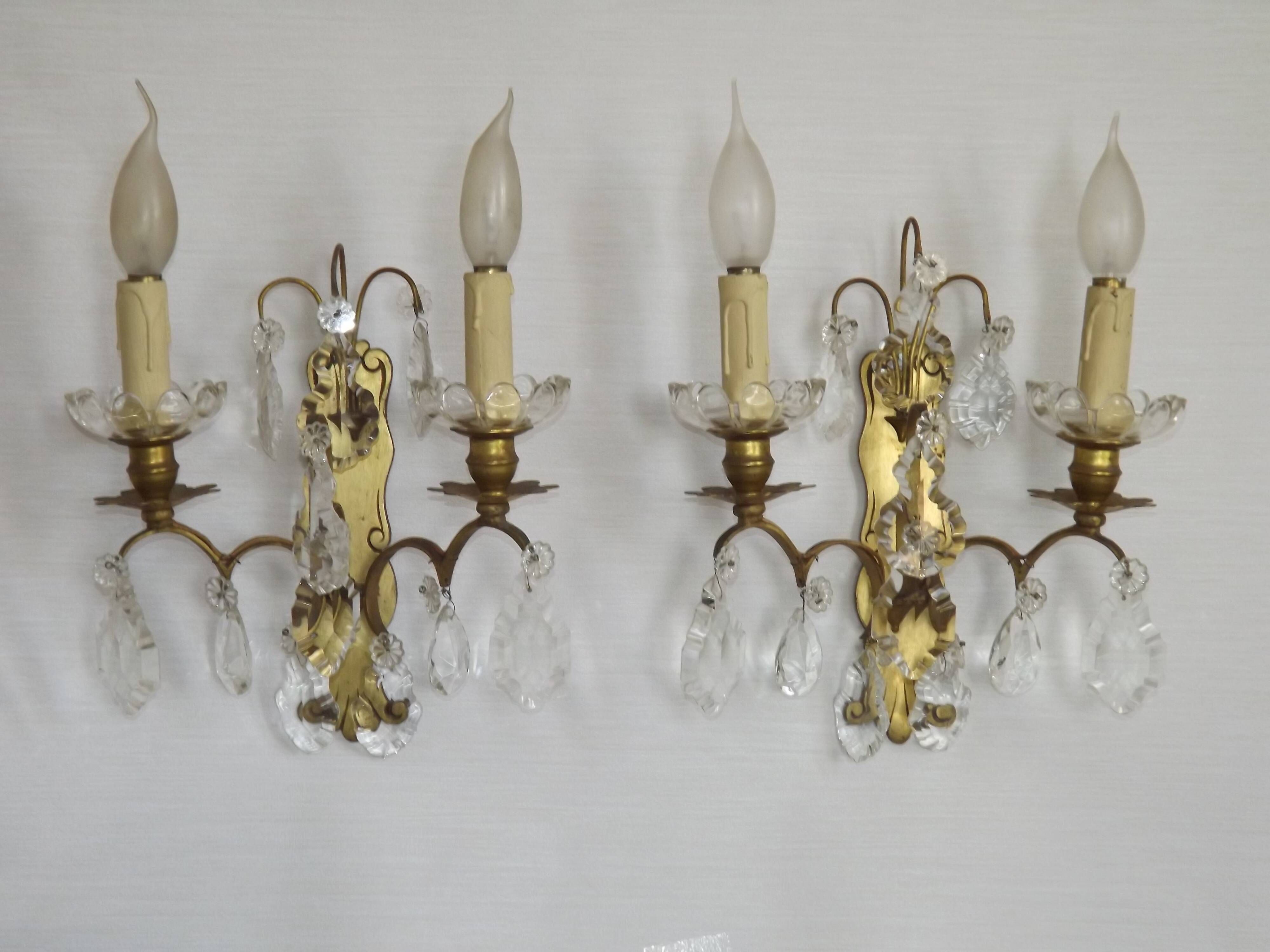 Pair of French Double Brass & Glass Wall Lights Adorned With Crystals