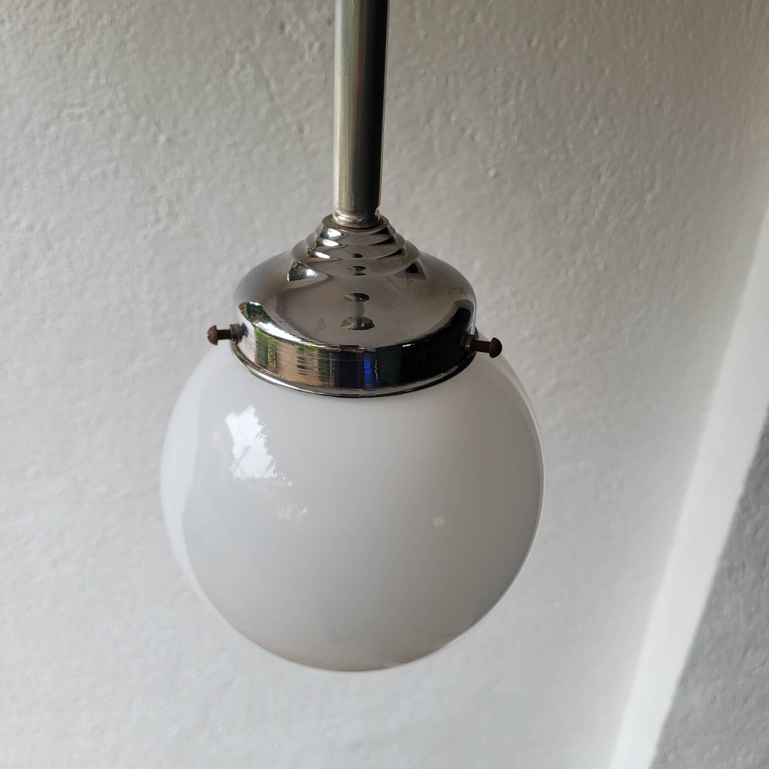 Opaline and chrome-plated metal globe pendant light – 1950s