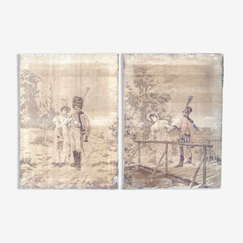 Paire de tapisseries XIXe présentant un hussard et une élégante