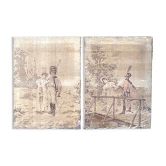 Pair of nineteenth century tapestries featuring a hussar and an elegant