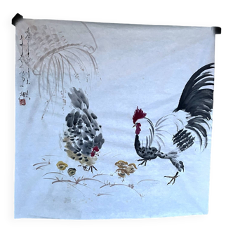 Asie, peinture sur papier de riz basse-cour, signée XXème