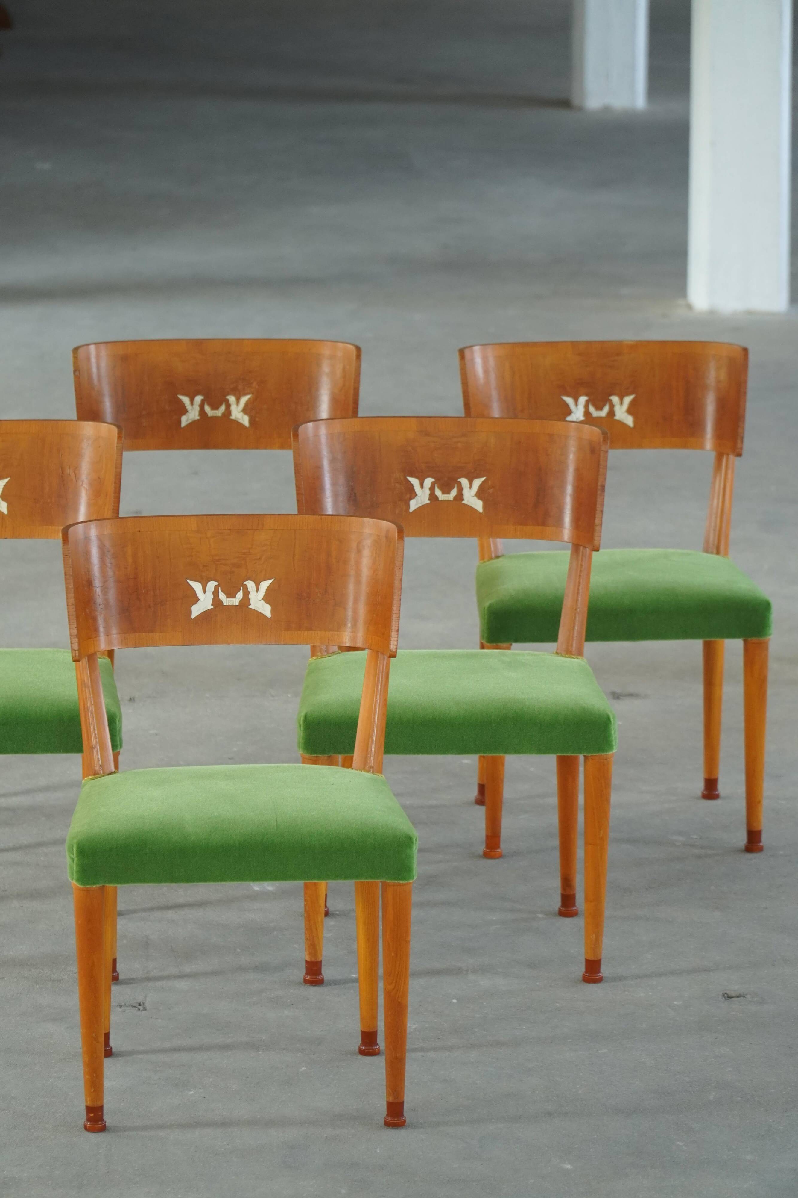 Swedish Art Deco, set of 6 "klismos" chairs, birch and mohair, griffin inlays, 1930s.