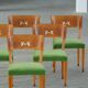 Swedish Art Deco, set of 6 "klismos" chairs, birch and mohair, griffin inlays, 1930s.