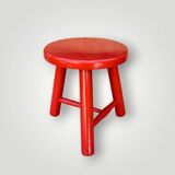 Tabouret vintage, porte-plante tripode en bois laqué rouge