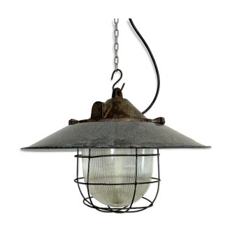 Industrial factory enamel cage pendant light, 1950s